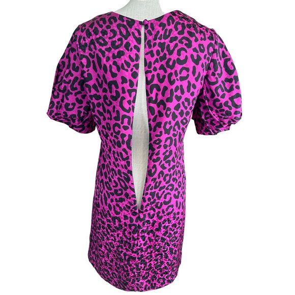 Milly Leopard Dress Womens 6 Pink Fuchsia Silk Animal Print Puff Sleeve Shift Mi - Picture 4 of 9
